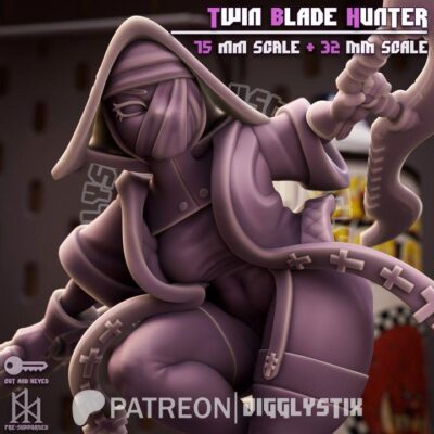 Twin Blade Hunter - 32mm/75mm - Jigglystix, Resin Print, Waifu, Garage Kit, DnD Miniatures, Display Pinup, nsfw, Model Paint