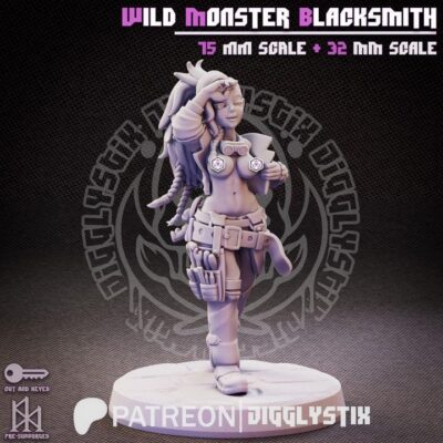 Wild Monster Blacksmith - 32mm/75mm, Resin Print, Waifu, Anime Figure, Garage Kit, DnD Miniatures, Display Pinup, Model Paint, Jigglystix