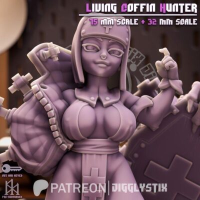 Living Coffin Hunter - 32mm/75mm - Jigglystix, Resin Print, Waifu, Garage Kit, DnD Miniatures, Display Pinup, nsfw, Model Paint