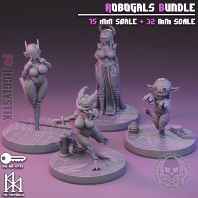 Automoton Robogals Bundle - 32mm/75mm - Jigglystix, Resin Print, Waifu, Garage Kit, DnD Miniatures, Display Pinup, nsfw, Model Painting
